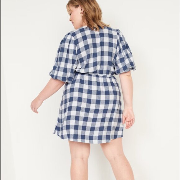 Old Navy Gingham Check Linen Blend Wrap Dress Puff Sleeve Cottagecore Sz 2X - Picture 2 of 7
